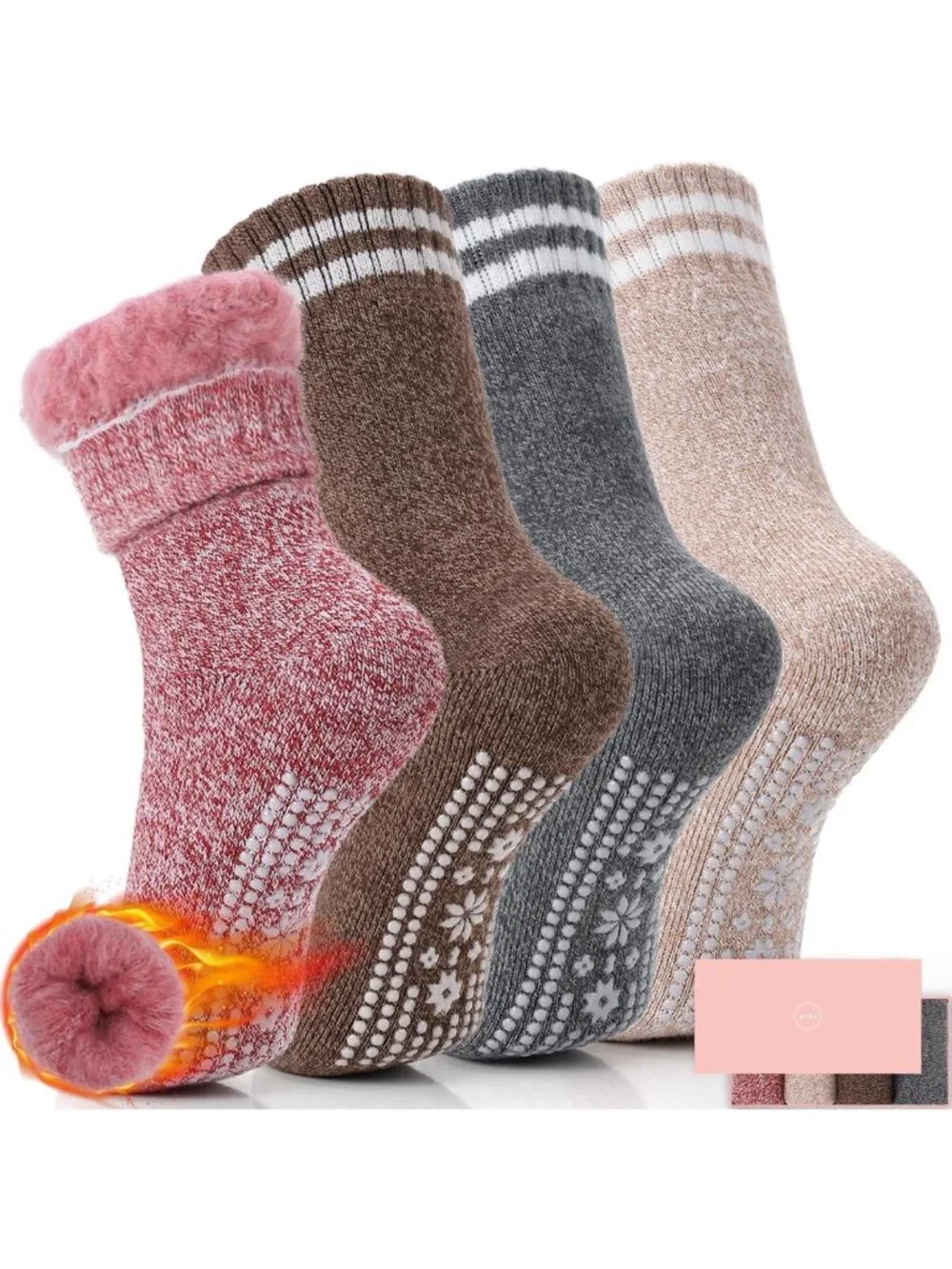 Cozy Non-Slip Thermal Slipper Socks for Women - 4 Pairs Soft Hospital Wear